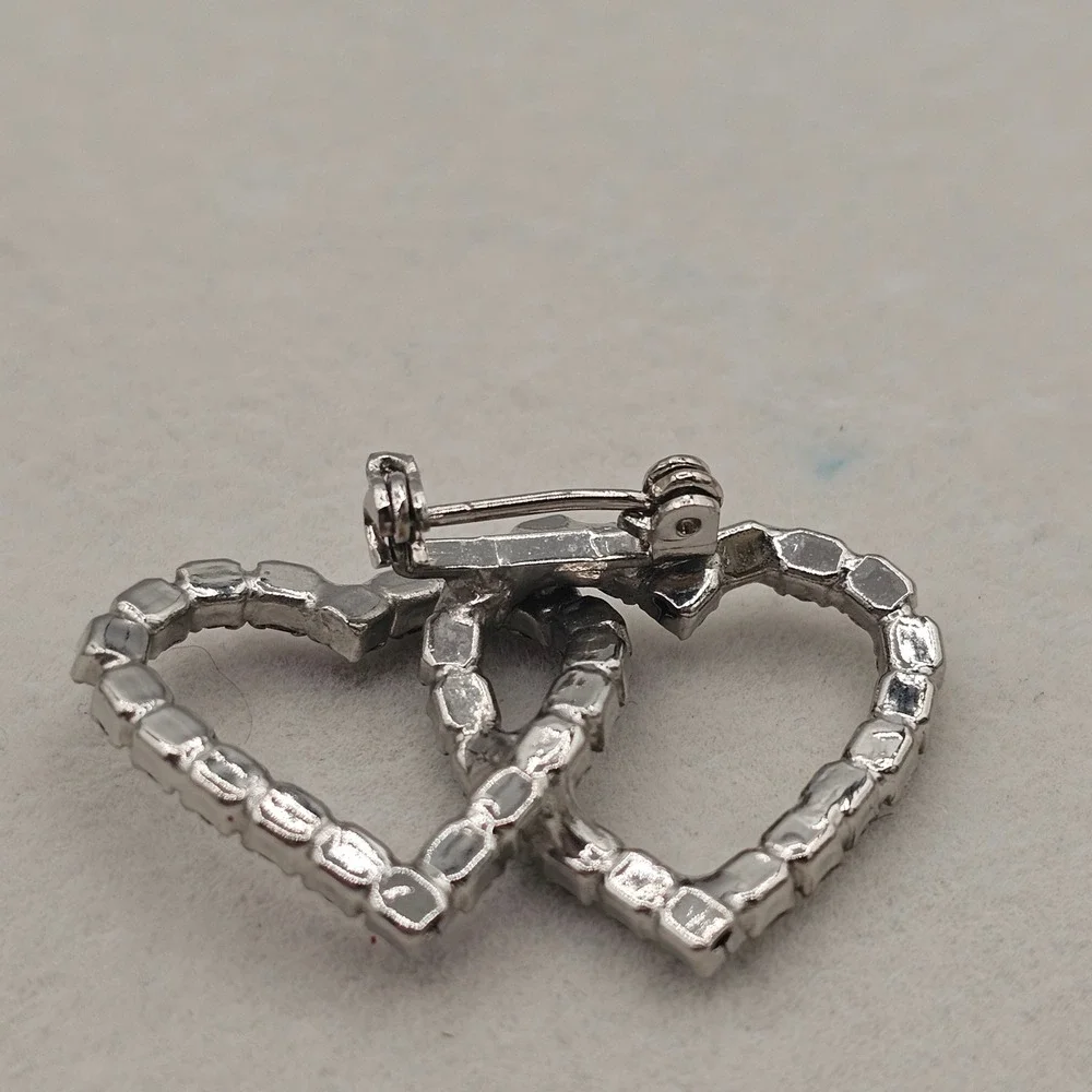 Rhinestone Double Heart Brooch Red Clear Silver Tone Pin Interlocking